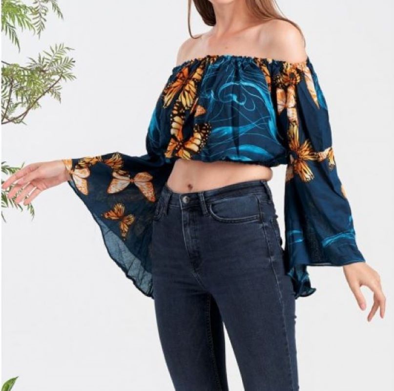 Jr Crop Top - Off Shoulder Butterfly Print Bell Sleeves-hotRAGS.com