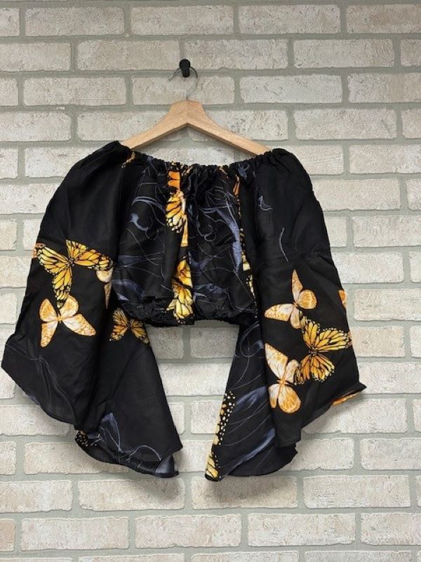 Jr Crop Top - Off Shoulder Butterfly Print Bell Sleeves-hotRAGS.com