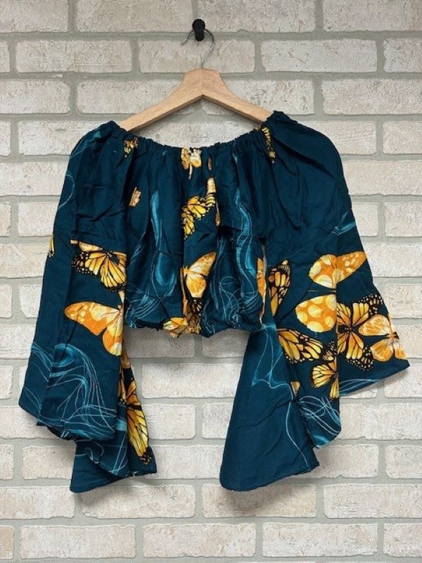 Jr Crop Top - Off Shoulder Butterfly Print Bell Sleeves-hotRAGS.com