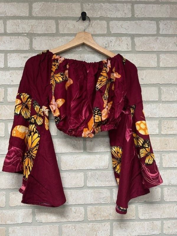 Jr Crop Top - Off Shoulder Butterfly Print Bell Sleeves-hotRAGS.com