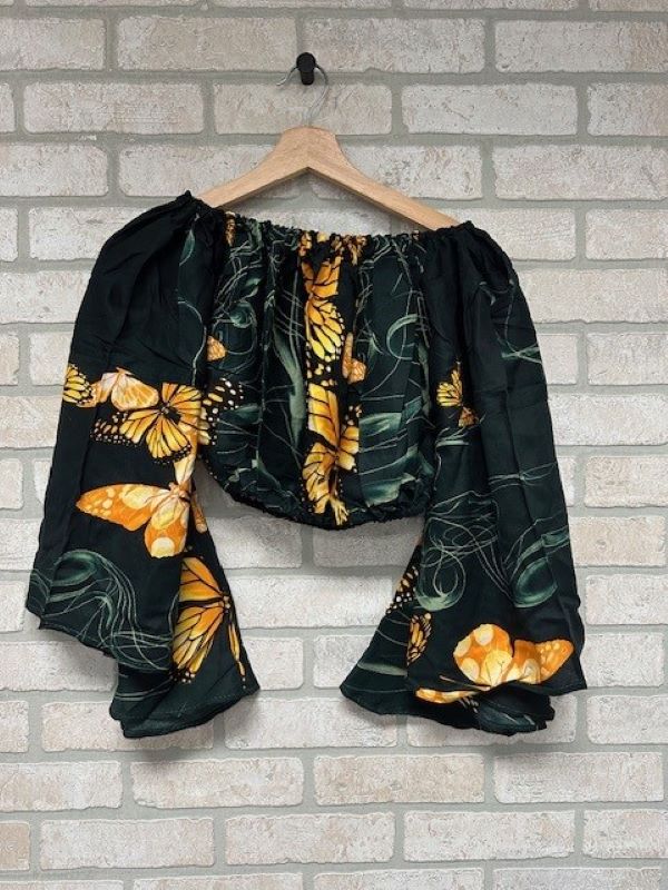 Jr Crop Top - Off Shoulder Butterfly Print Bell Sleeves-hotRAGS.com