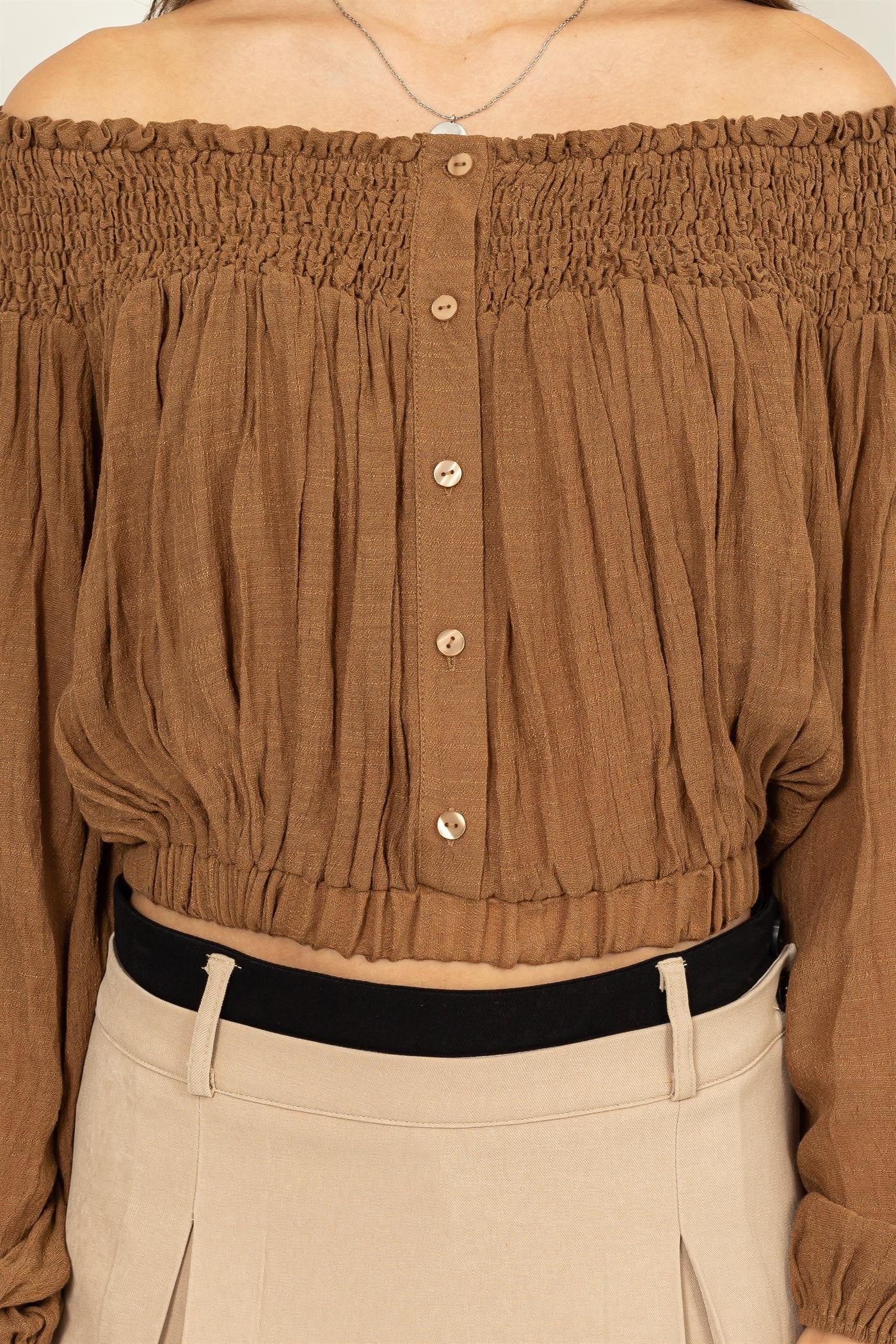 Jr Long Sleeve Elastic Top - Camel-hotRAGS.com