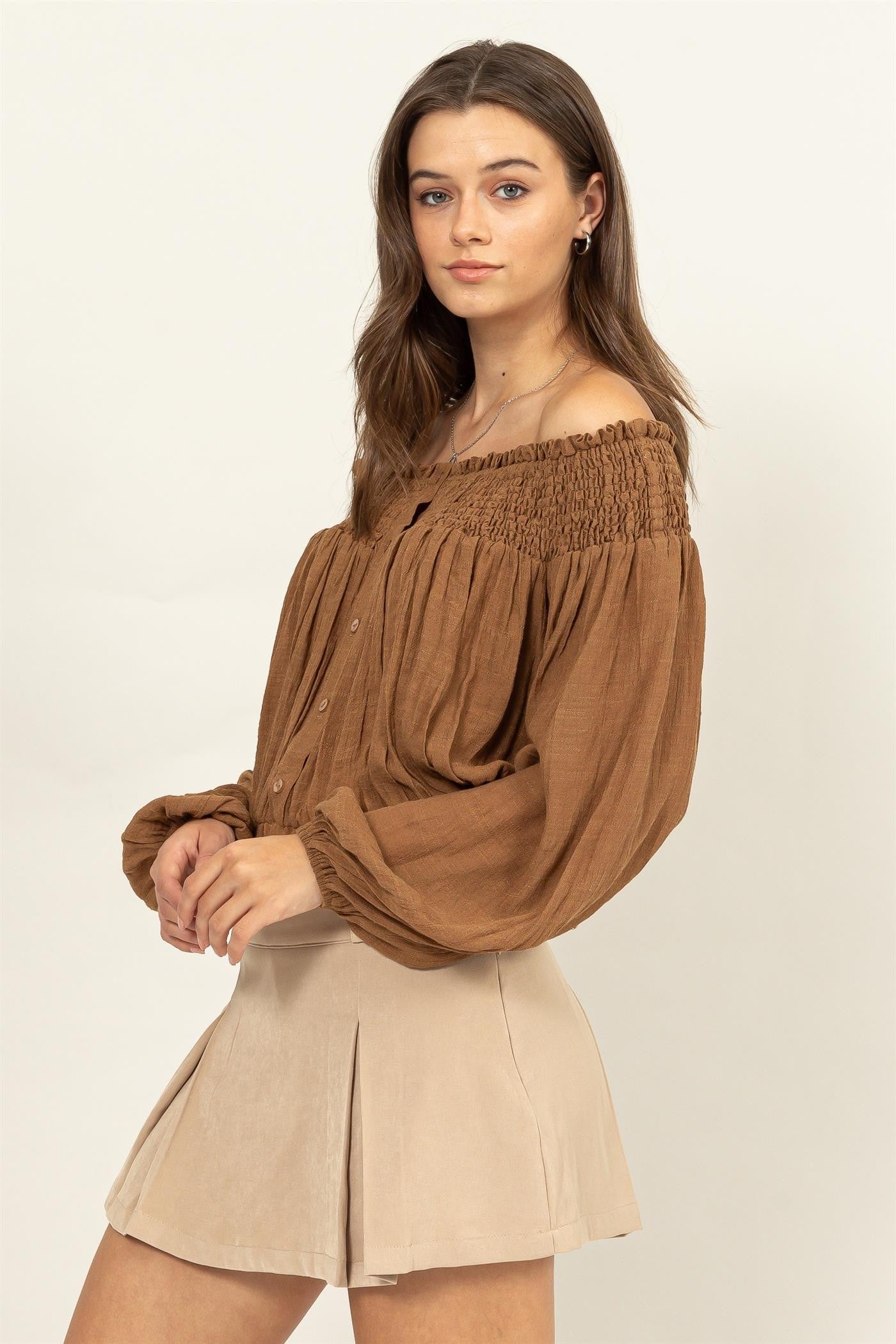 Jr Long Sleeve Elastic Top - Camel-hotRAGS.com