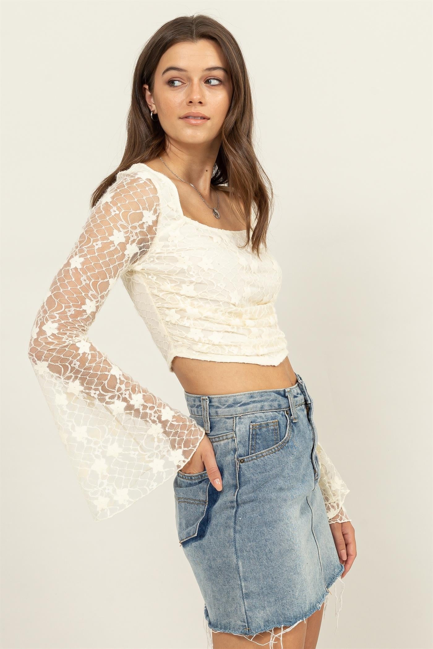 Jr Crop Top - Long Sleeve Woven - Cream-hotRAGS.com