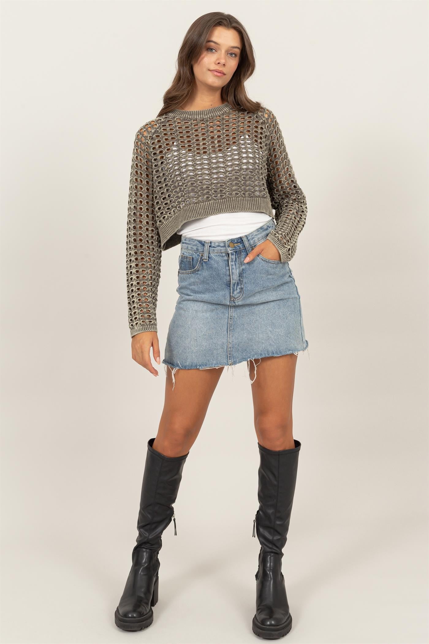 Sweater - Crop Knit 100% Cotton - Olive-hotRAGS.com