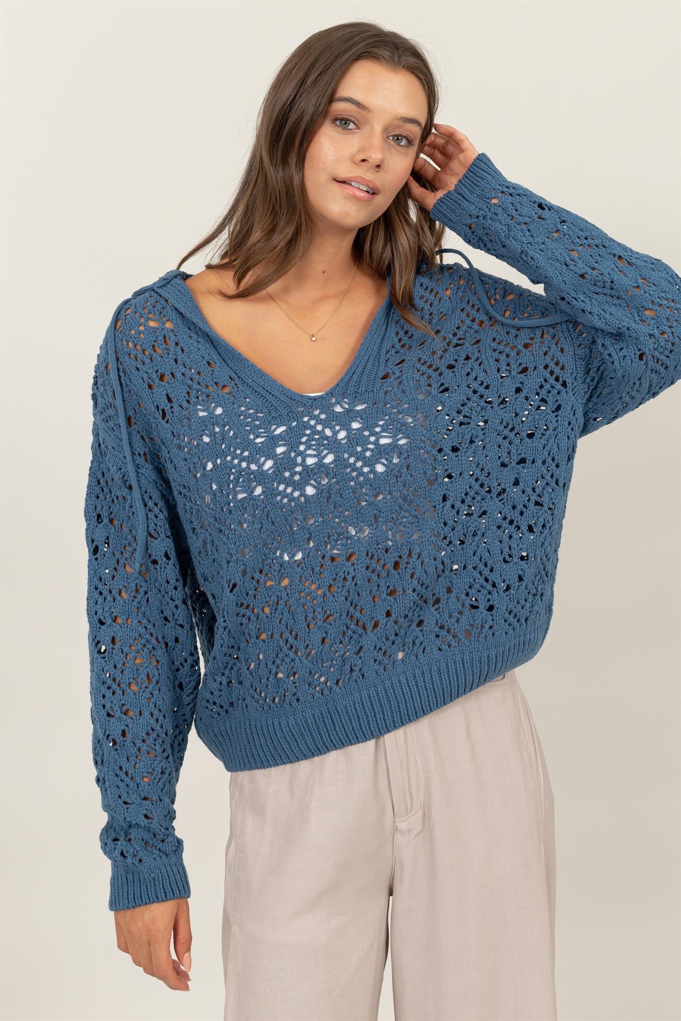 Sweater - Crochet Hoody V Neck-hotRAGS.com