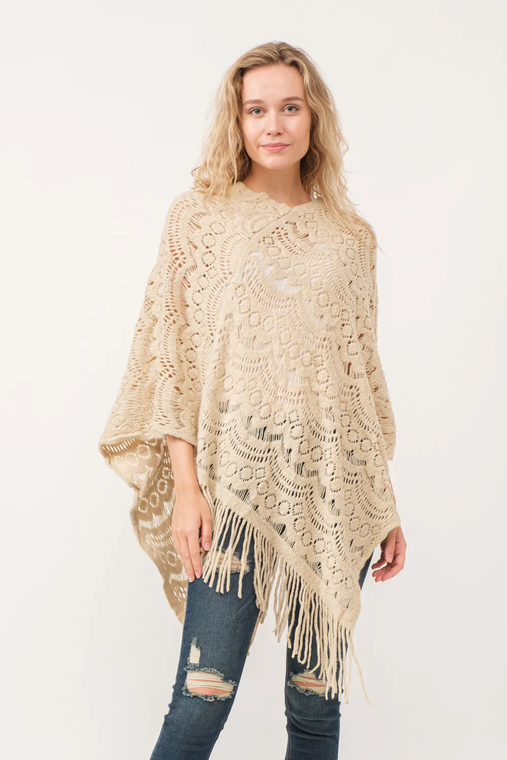 Poncho - Knit Scallop Cut - Cream-hotRAGS.com