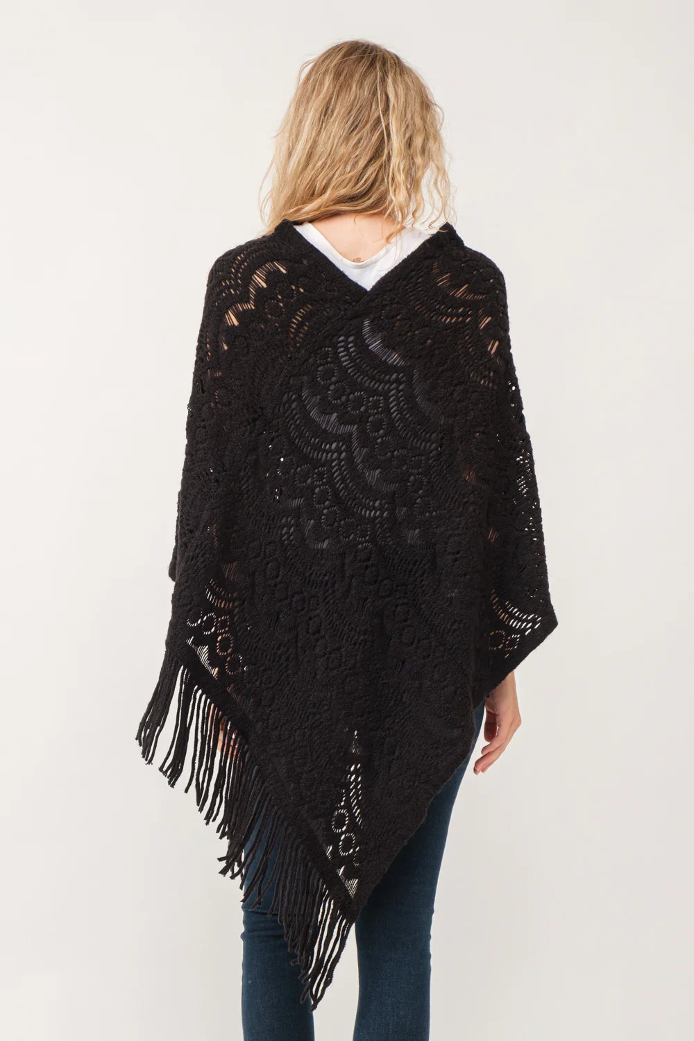 Poncho - Knit Scallop Cut - Black-hotRAGS.com