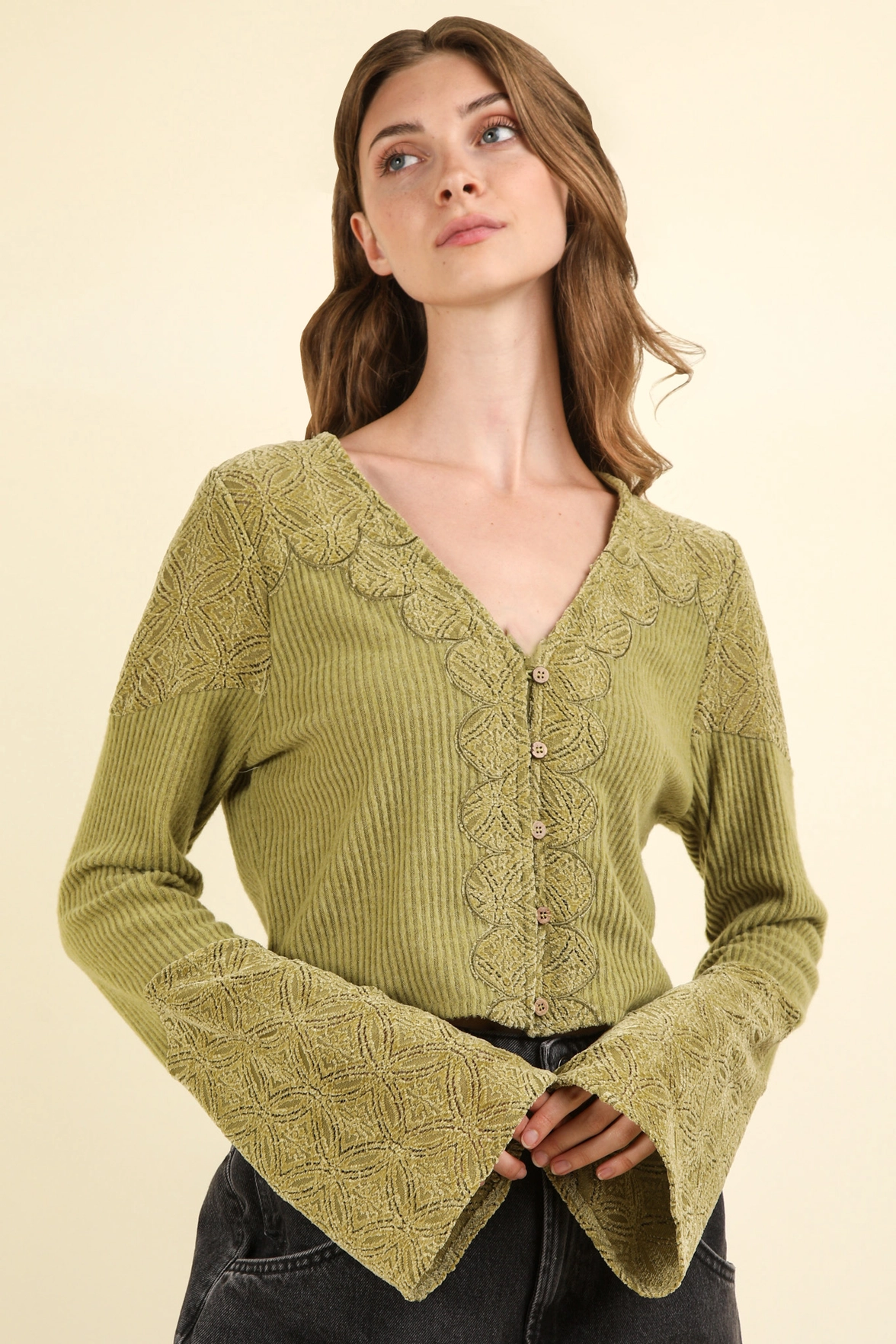 Jr Long Sleeve Top - Bell Sleeve Lace - Olive-hotRAGS.com