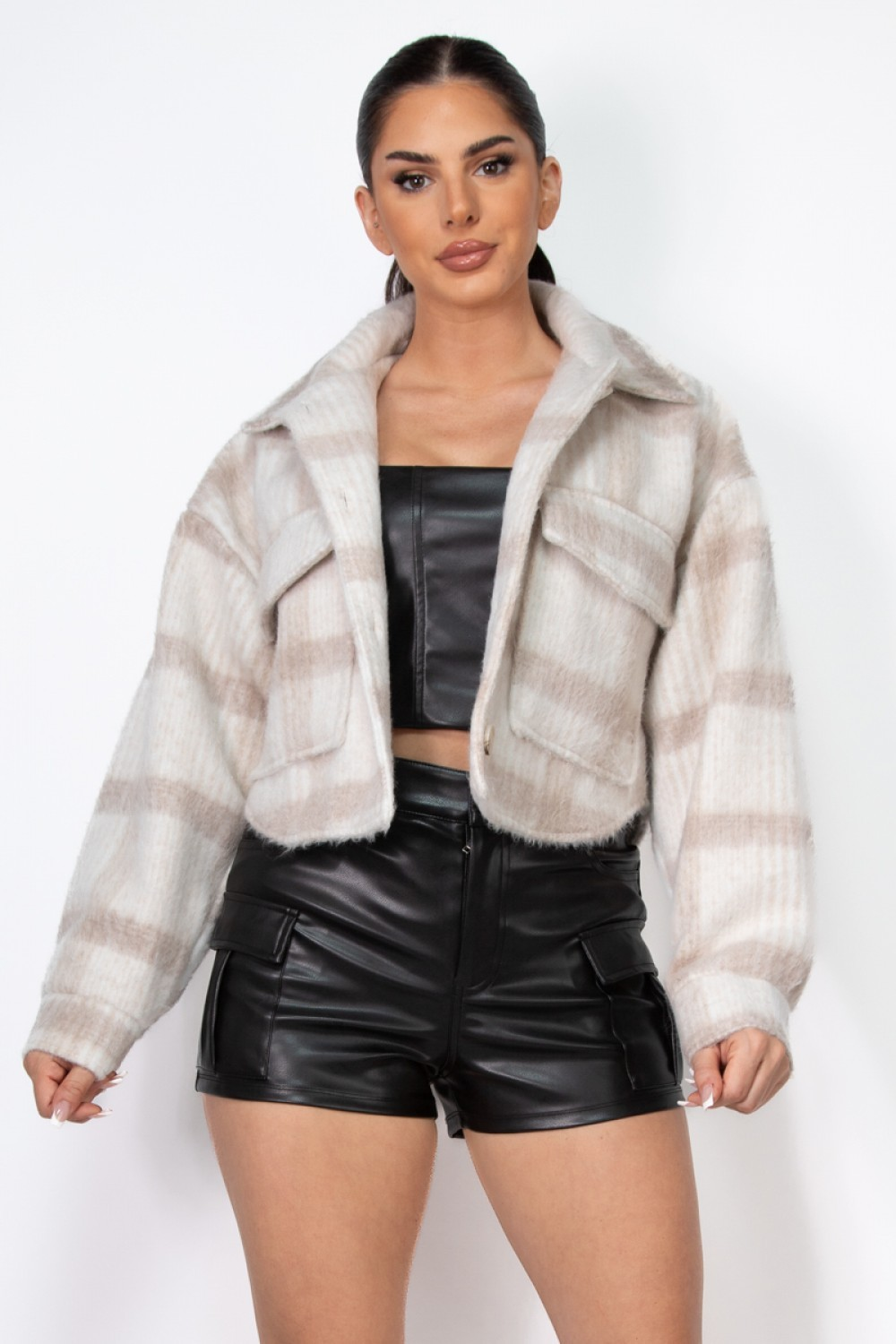 Jacket - Plaid Fuzzy Button-Down Jacket - Taupe-hotRAGS.com