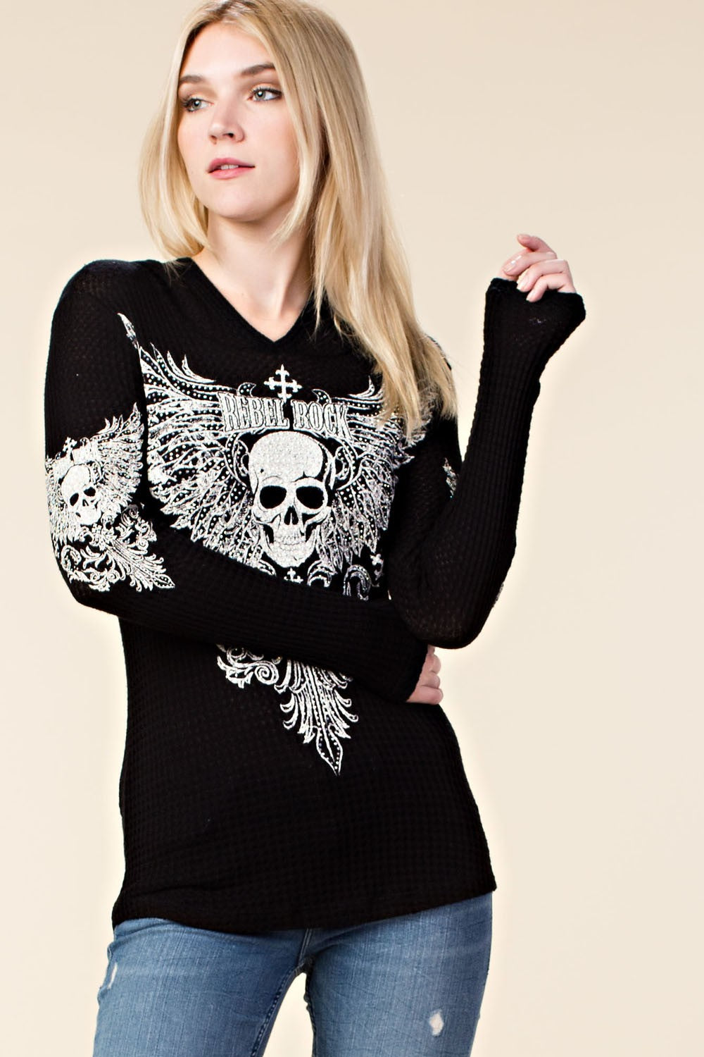 Top - Long Sleeve Hooded Skull Bling-hotRAGS.com