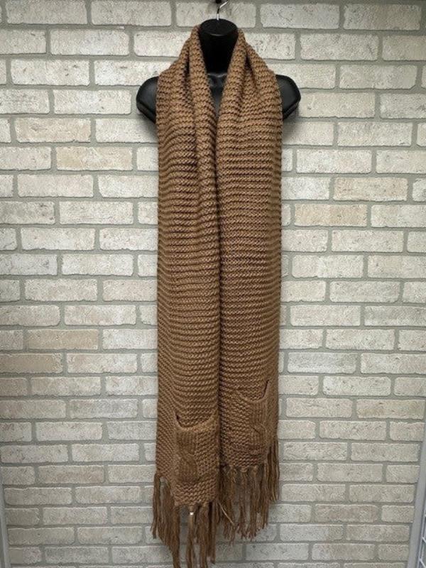 Scarf - Knitted Fringed Pockets - Camel-hotRAGS.com