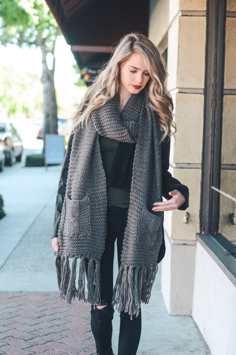 Scarf - Knitted Fringed Pockets - Gray-hotRAGS.com