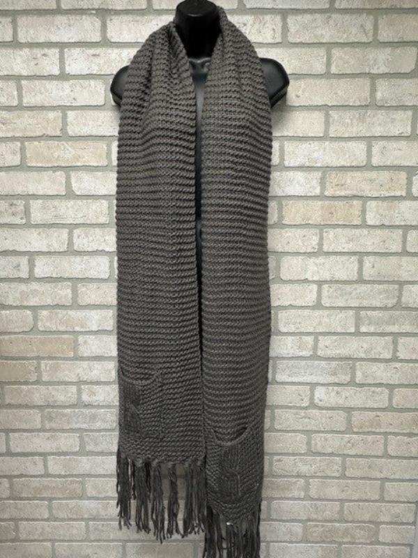 Scarf - Knitted Fringed Pockets - Gray-hotRAGS.com