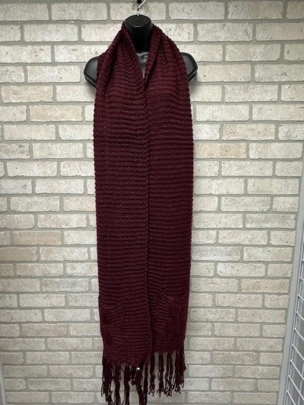 Scarf - Knitted Fringed Pockets - Burgandy-hotRAGS.com