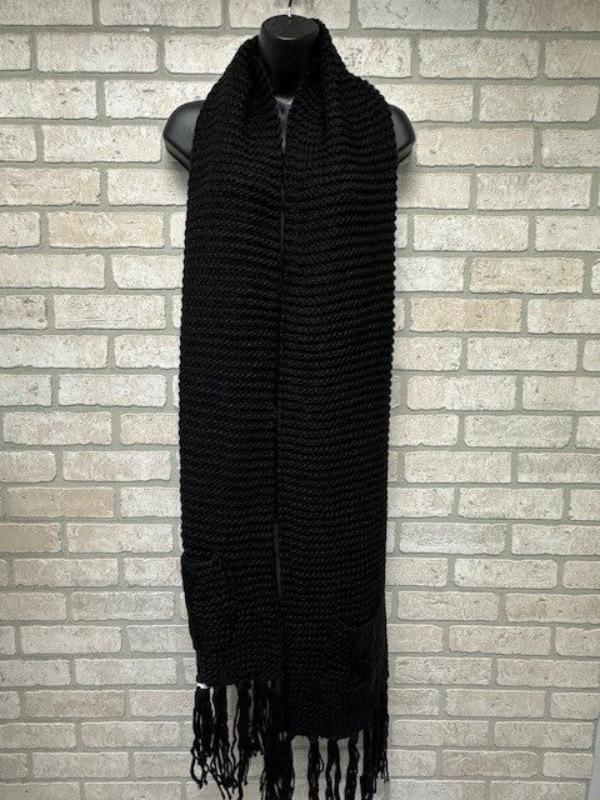 Scarf - Knitted Fringed Pockets - Black-hotRAGS.com