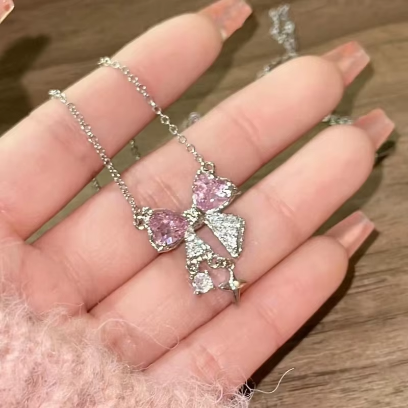 Necklace - Bow Cubic Zirconia - Pink-hotRAGS.com