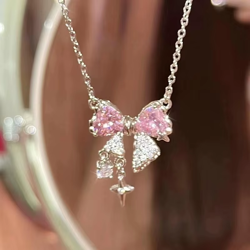 Necklace - Bow Cubic Zirconia - Pink-hotRAGS.com