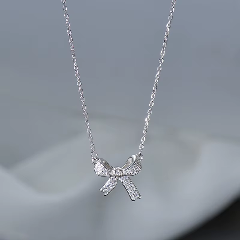 Necklace - Bow Silver Cubic Zirconia-hotRAGS.com