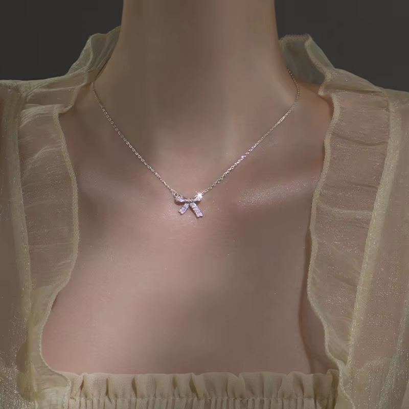 Necklace - Bow Silver Cubic Zirconia-hotRAGS.com