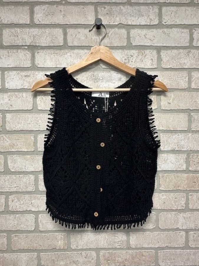 Jr Tank Top - Crochet Buttons Black-hotRAGS.com