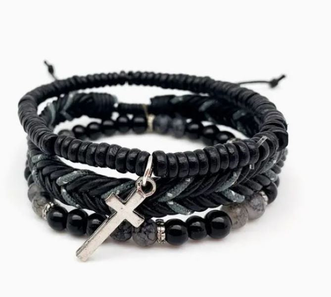 BRACELET - LEATHER CROSS - Black-hotRAGS.com