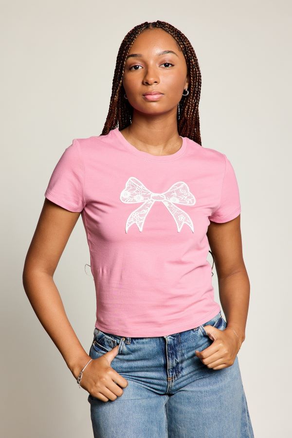 JR LACE Top - APPLIQUE BOW PINK