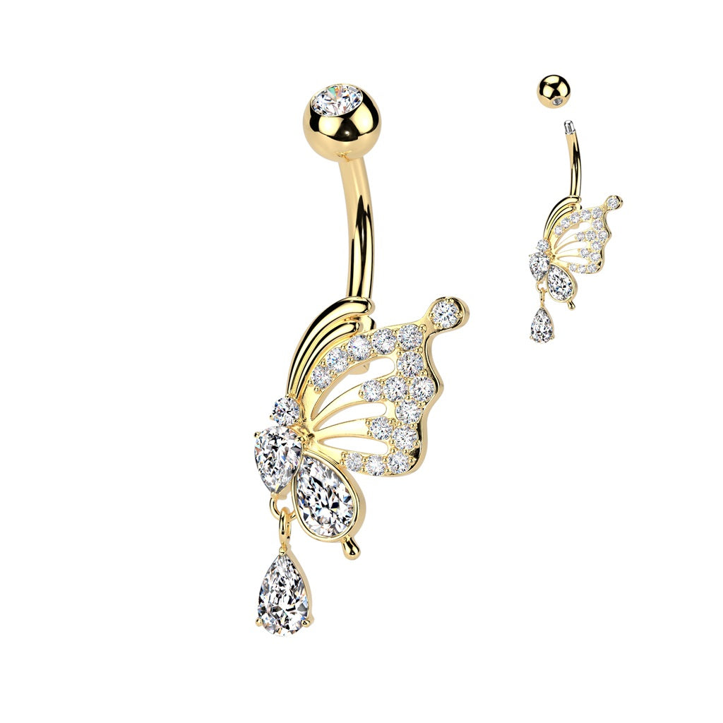 Belly Ring - Butterfly Cubic Zirconia Dangle - Gold