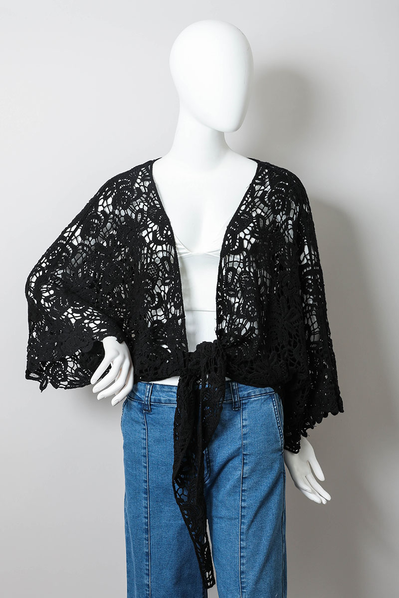 Kimono - Crochet Floral Wrap - Black-hotRAGS.com