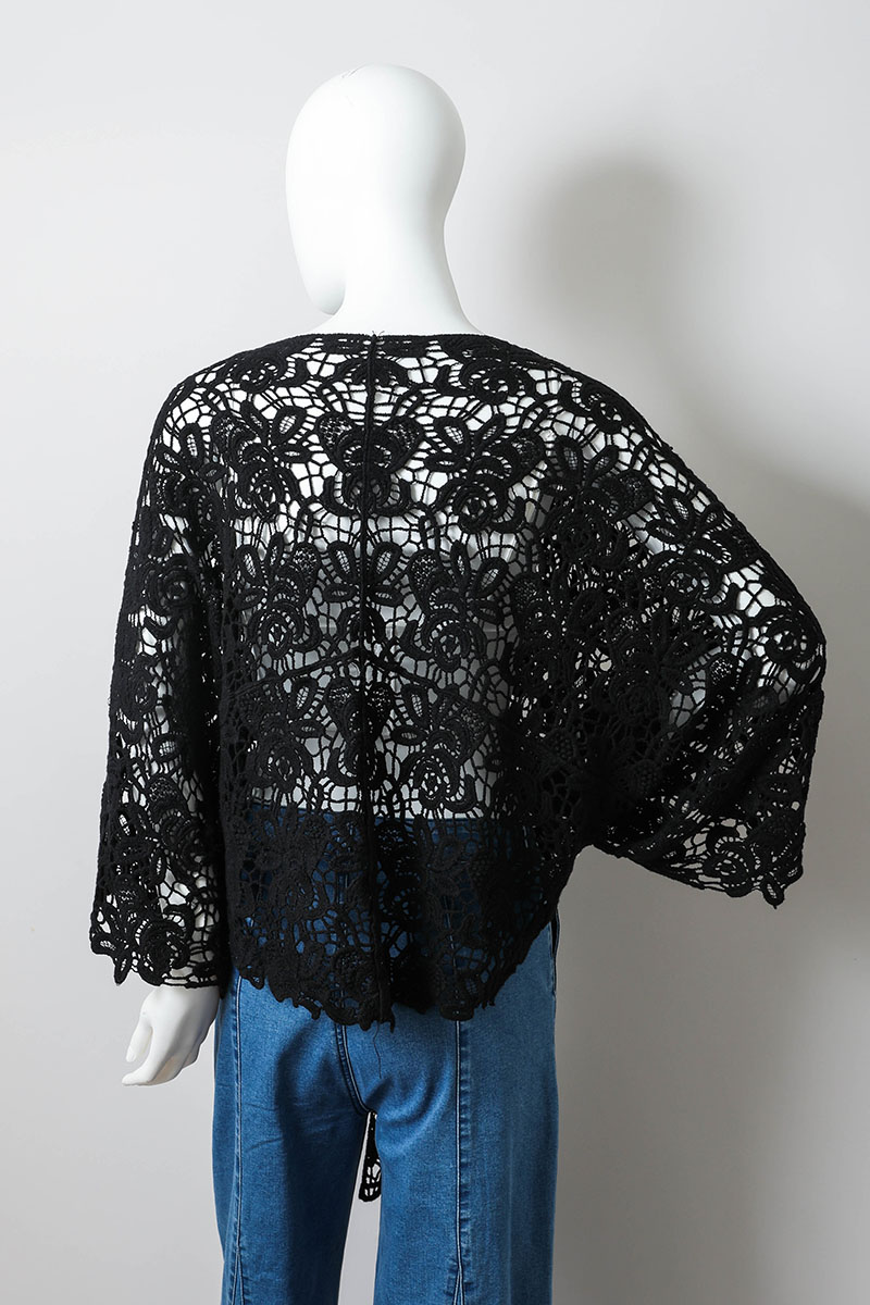 Kimono - Crochet Floral Wrap - Black-hotRAGS.com