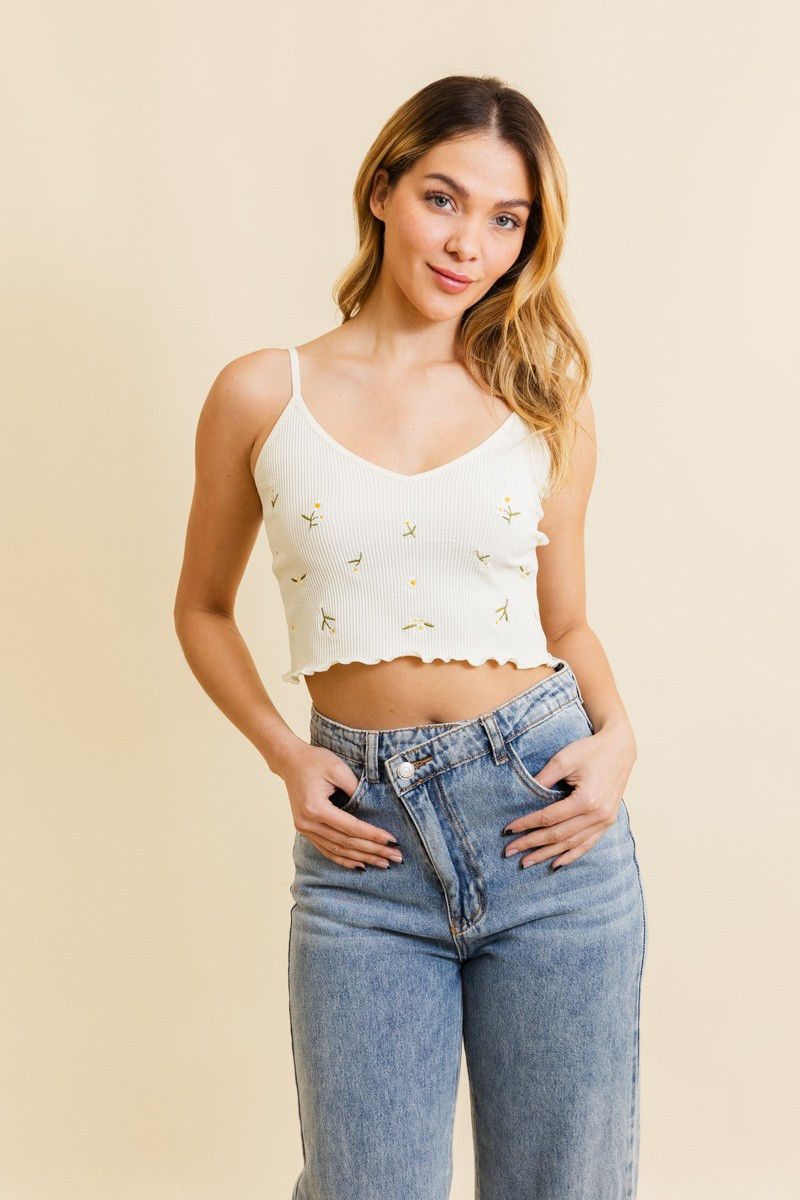 Tank Top - Daisy Embroidered Ribbed - Beige-hotRAGS.com