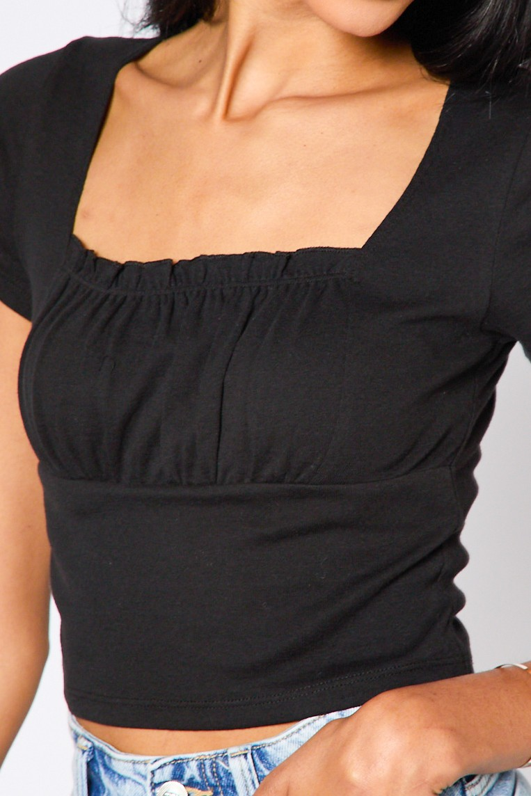 Top - Short Sleeve Square Ruched - Black-hotRAGS.com