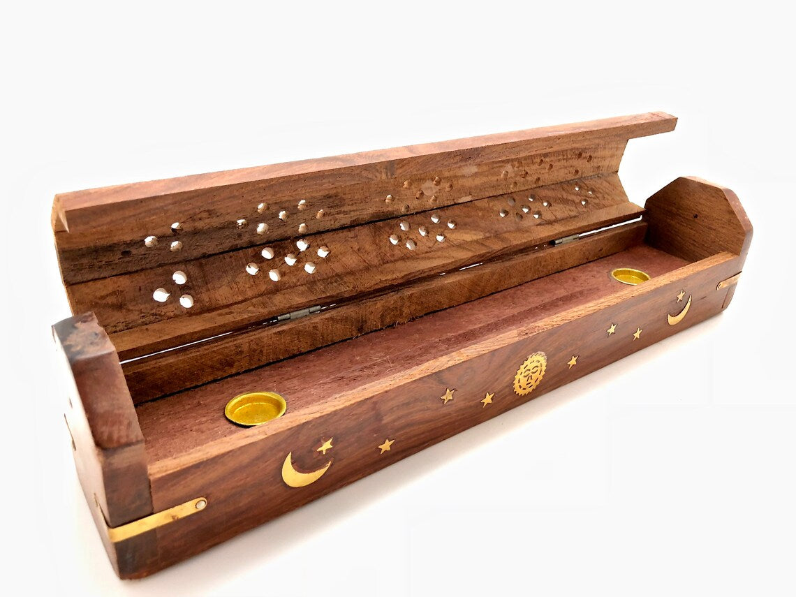 Incense Burner Box- Celestial Wooden - Sun, Moon And Stars Brass